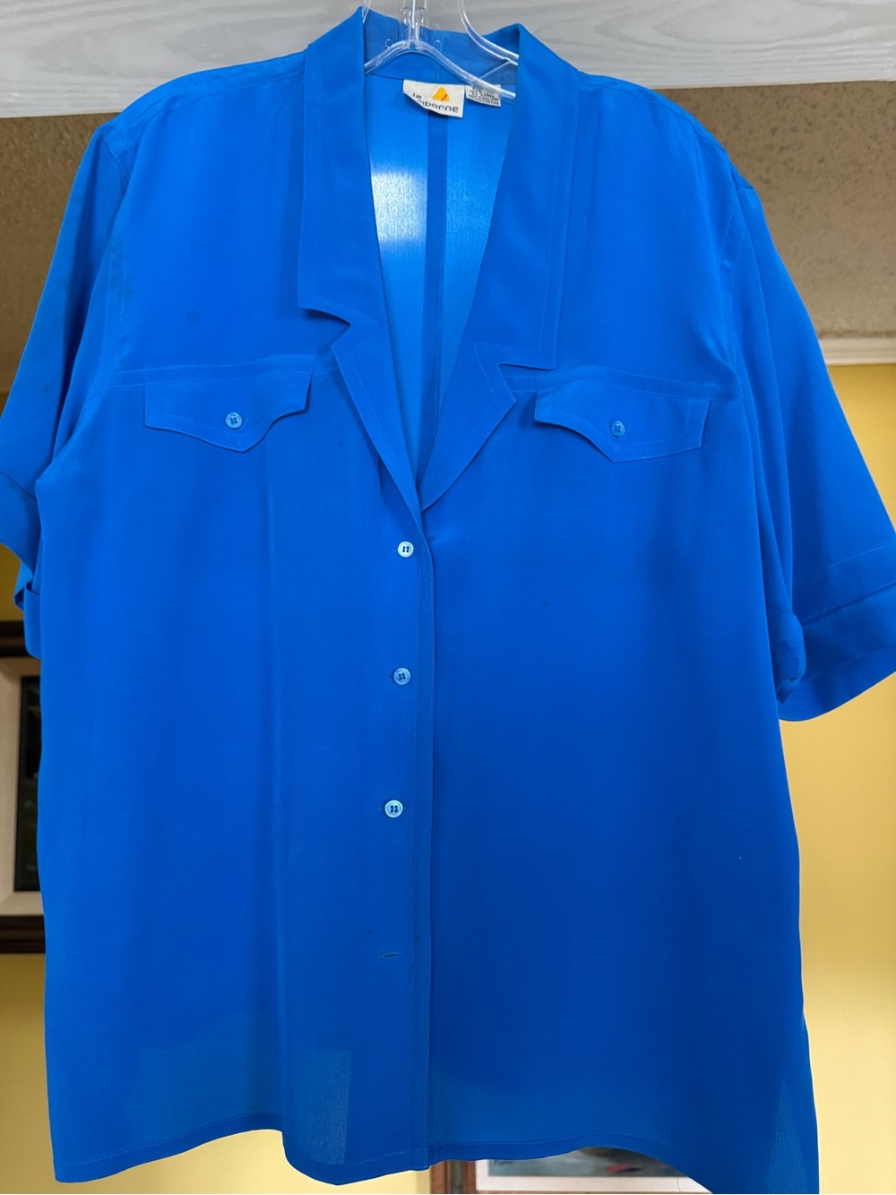 Liz Claiborne Bright Blue Short Sleeve Button Front Blouse size 14 100% silk